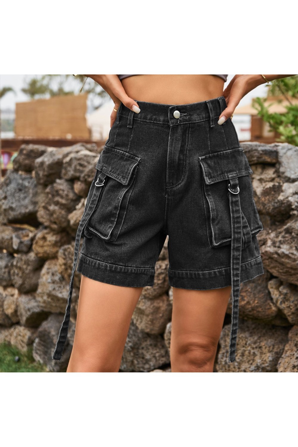 High Waist Denim Cargo Shorts