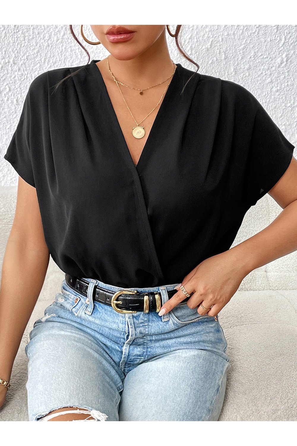 Surplice Short Sleeve Ruched Bodysuit