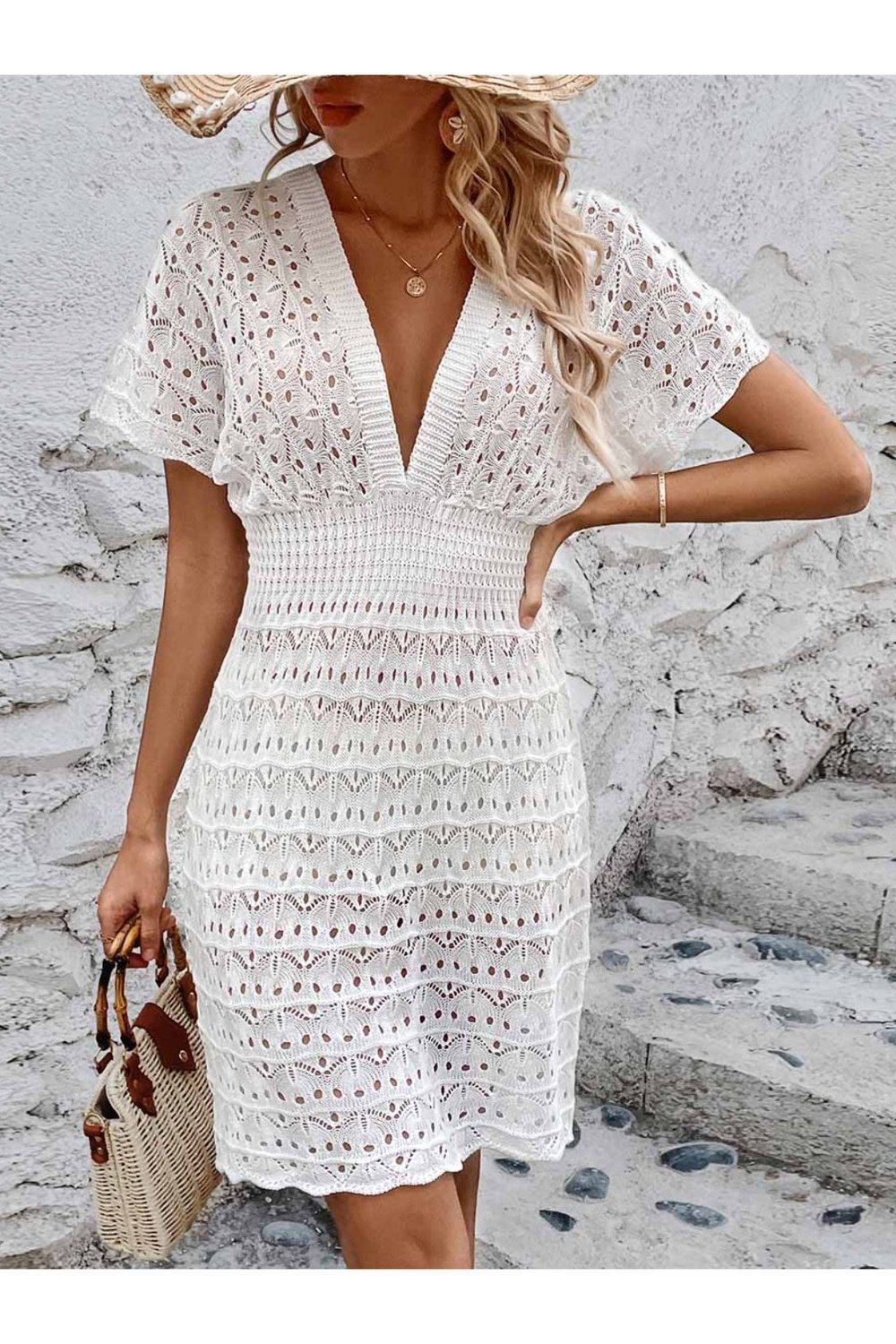 Openwork Plunge Short Sleeve Cover-Up Dress