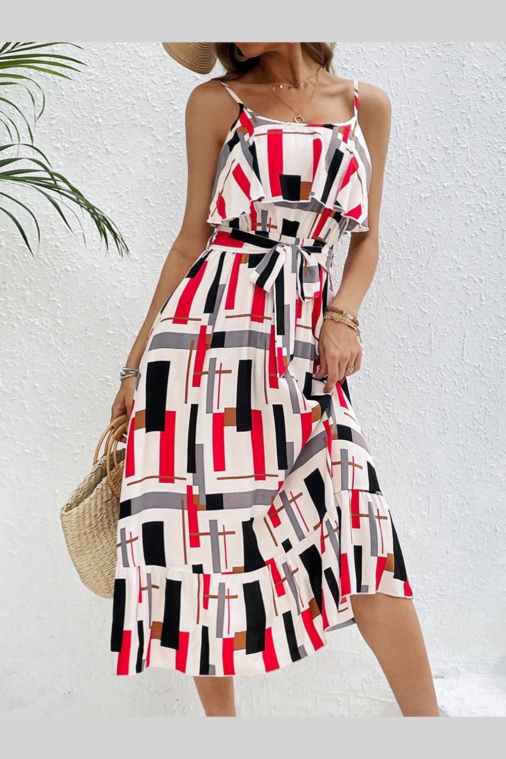 Ruffled Printed Tie Waist Midi Dress