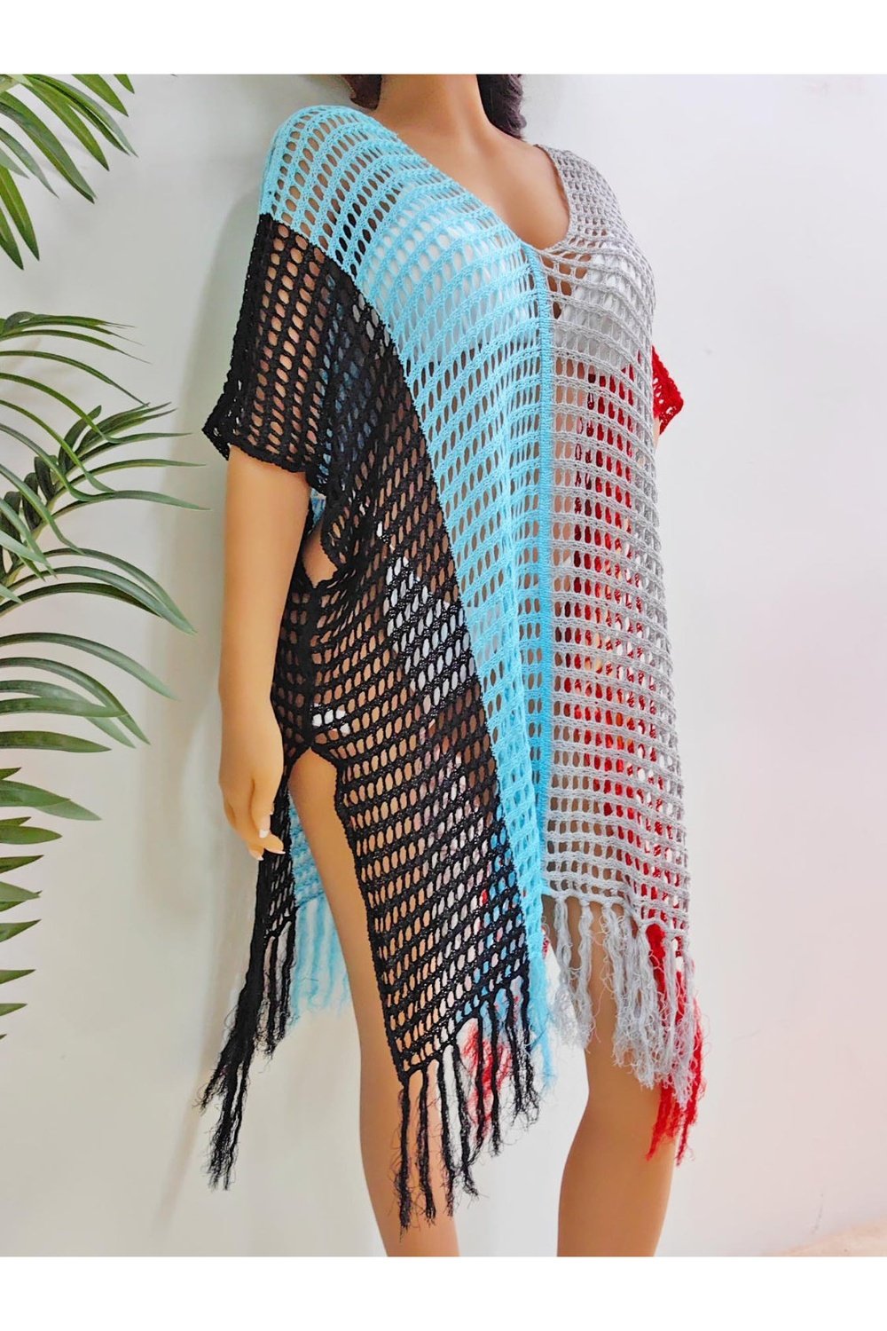 Fringe Color Block Scoop Neck Cover Up