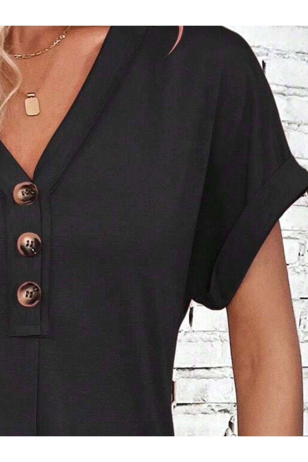 Quarter Button V-Neck Short Sleeve Dress