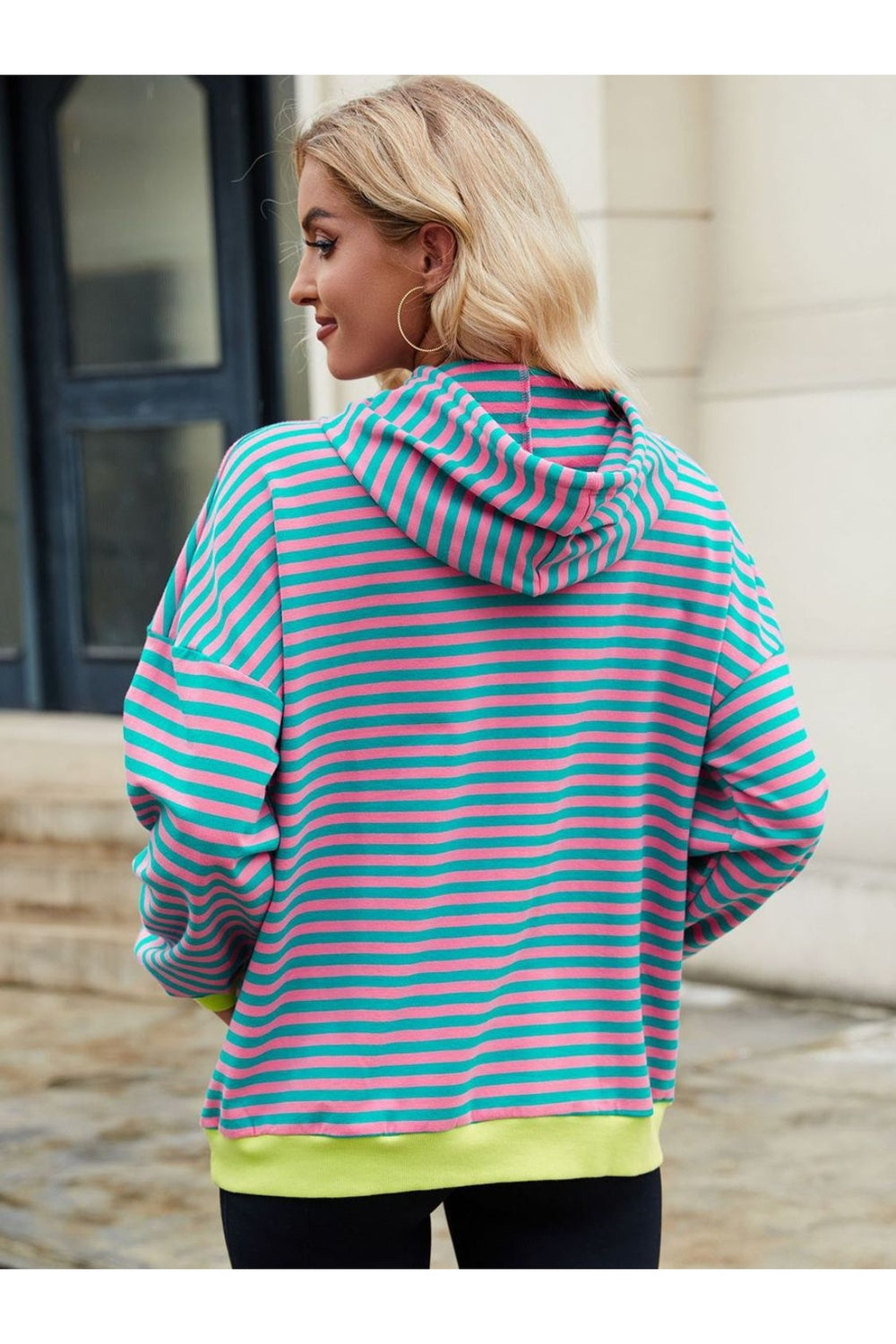 Drawstring Contrast Striped Long Sleeve Hoodie