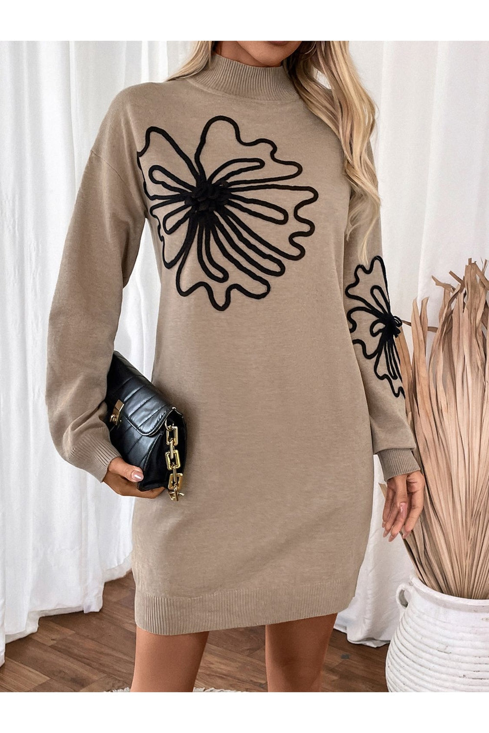 Perfee Flower Mock Neck Long Sleeve Sweater Dress