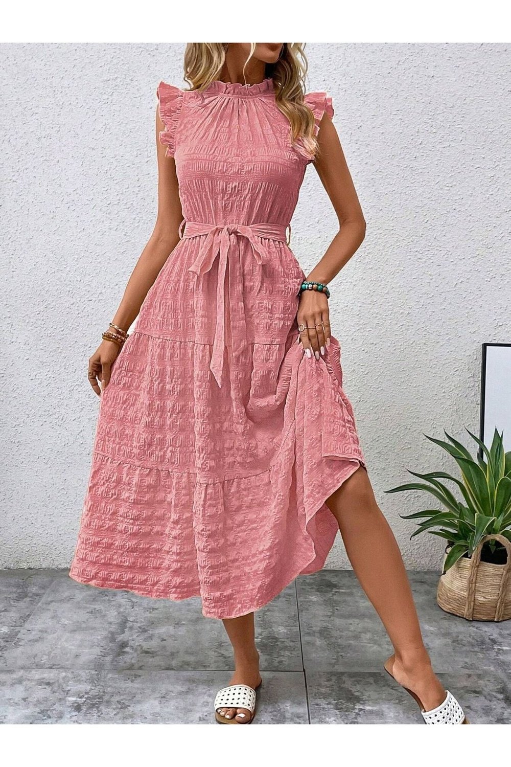 Tied Ruffled Cap Sleeve Midi Dress