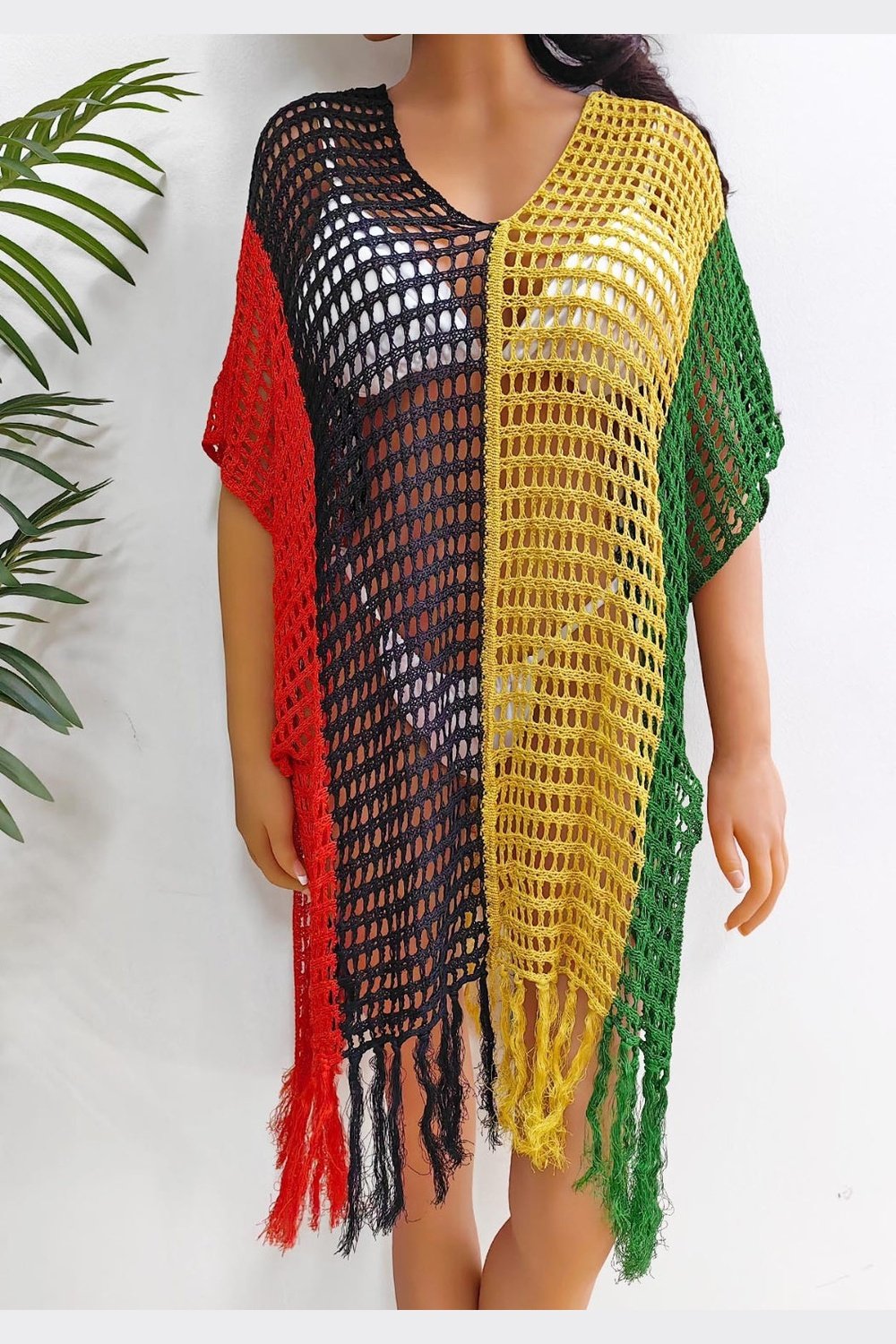 Fringe Color Block Scoop Neck Cover Up