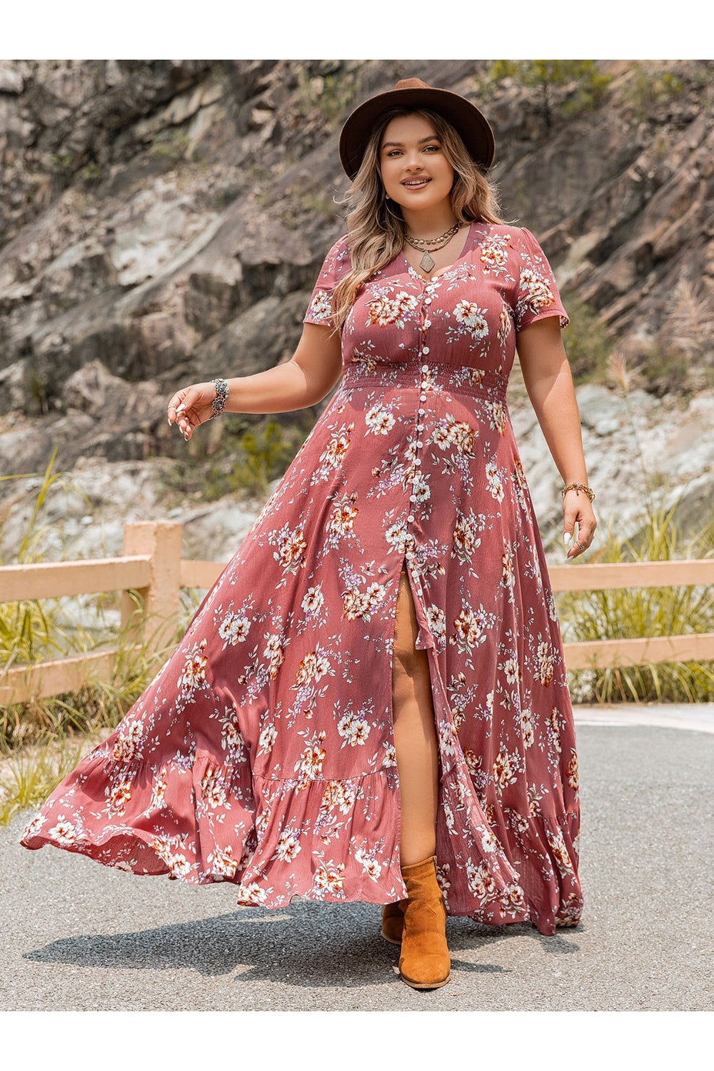 Plus Size Floral Slit Ruffle Hem Dress