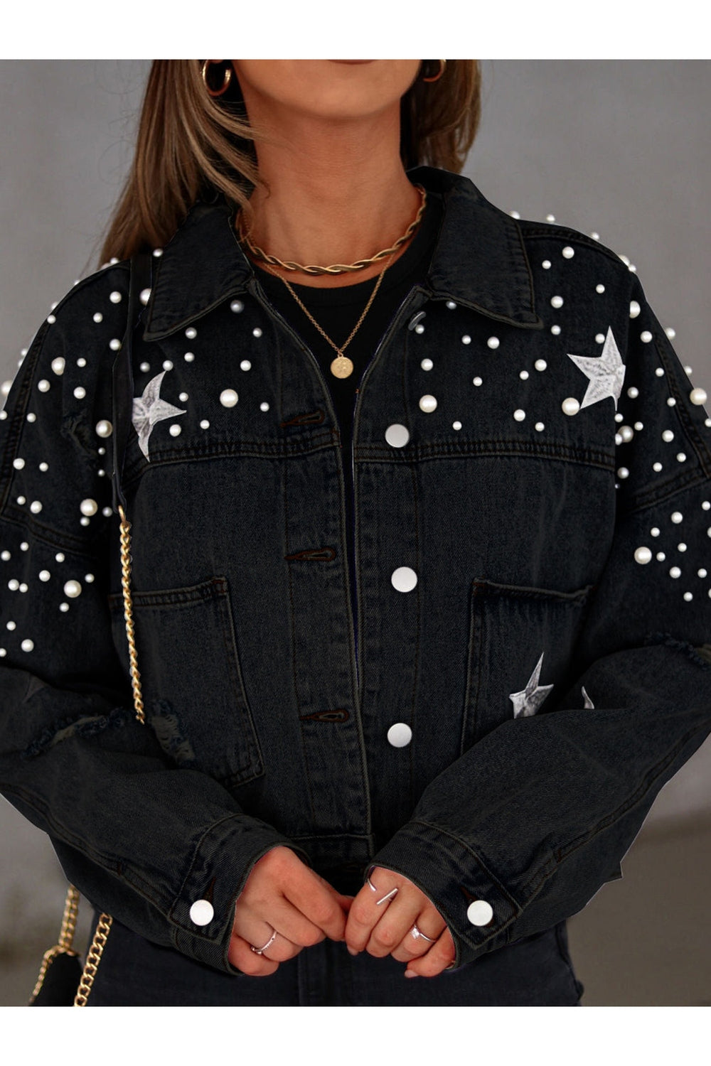 Pearl Trim Button Up Denim Jacket with Pockets