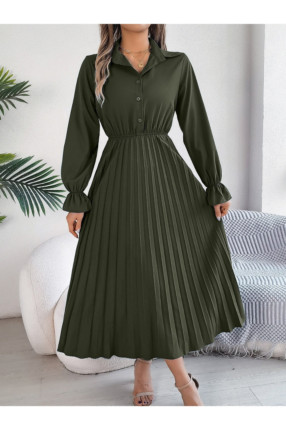 Pleated Half Button Long Sleeve Midi Dress