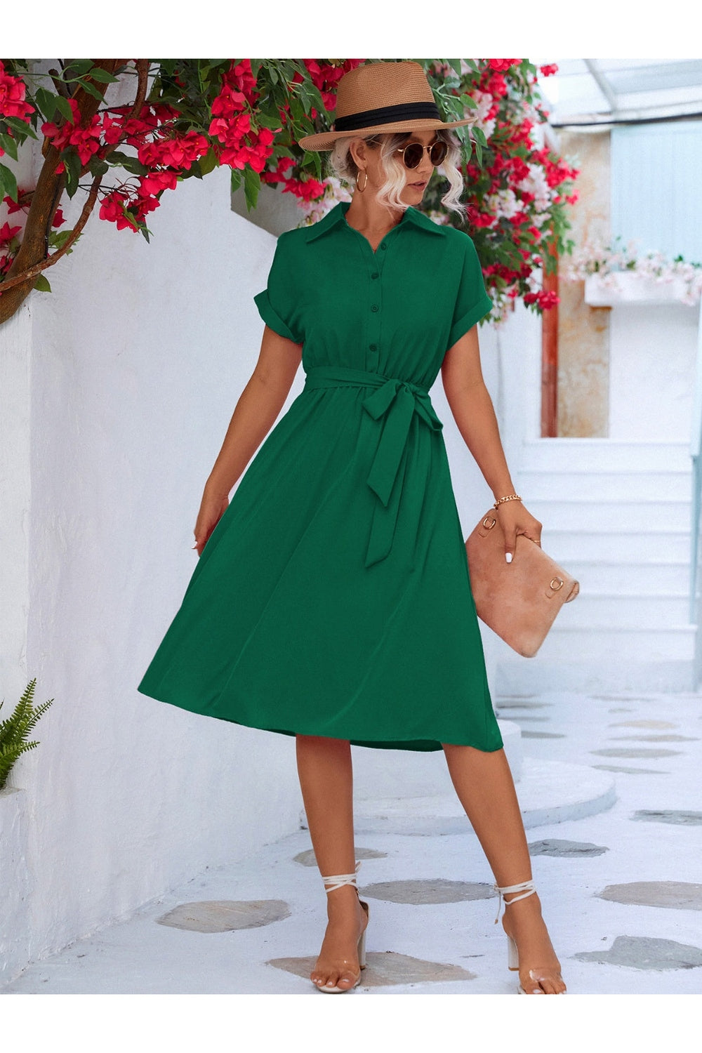 Buttoned Tie Waist Short Sleeve Dress