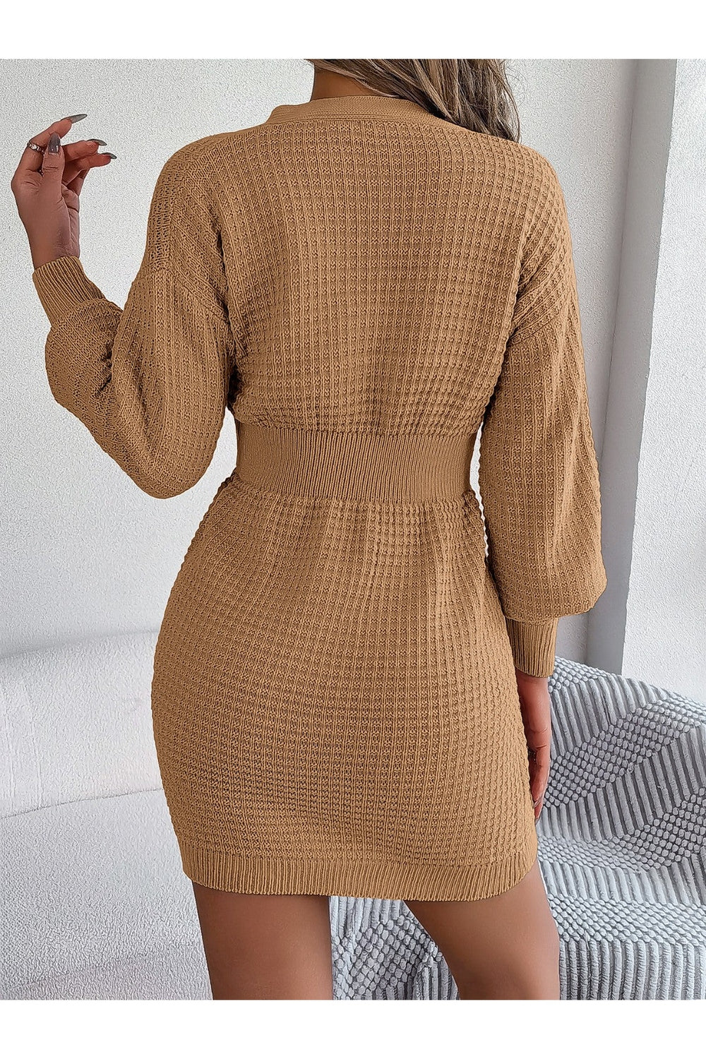 Buttoned Cable-Knit V-Neck Sweater Dress