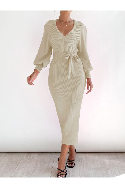 Perfee Tied Long Sleeve Wrap Sweater Dress