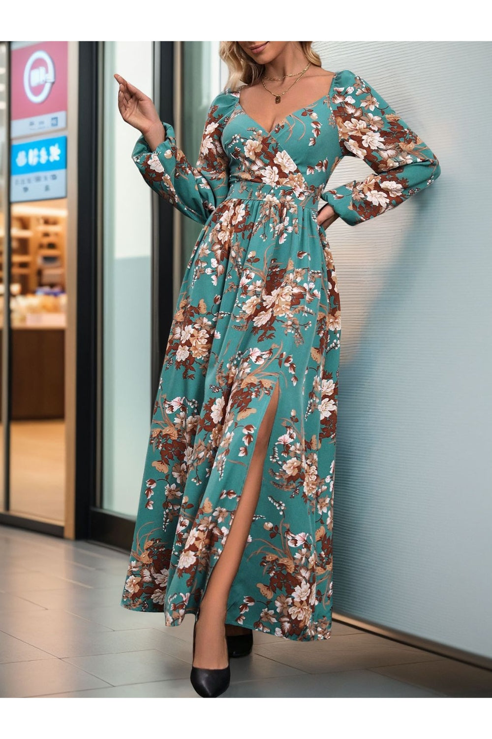 Perfee Slit Printed Surplice Long Sleeve Maxi Dress