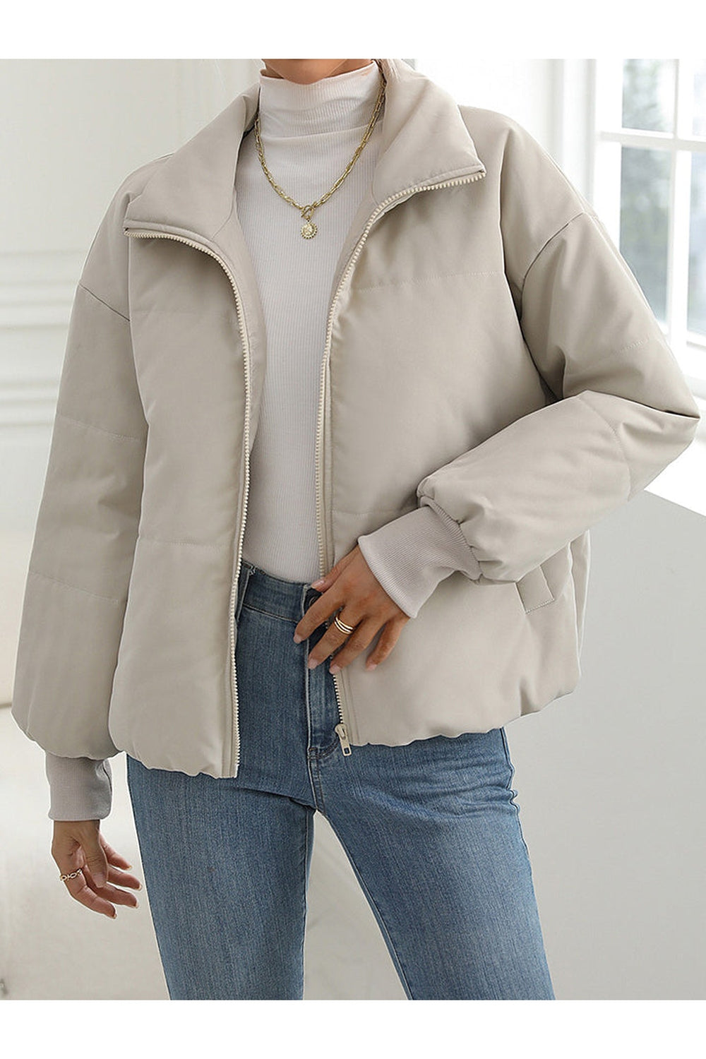 Zip-Up Drop Shoulder Puffer Jacket