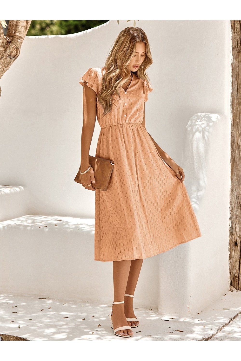 V-Neck Flutter Sleeve Midi Dress