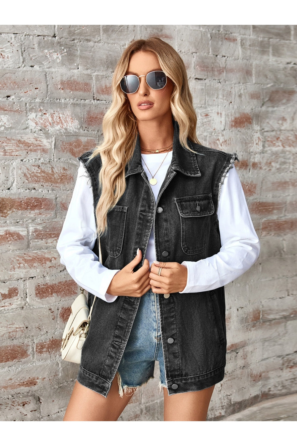 Raw Hem Sleeveless Button Up Denim Jacket