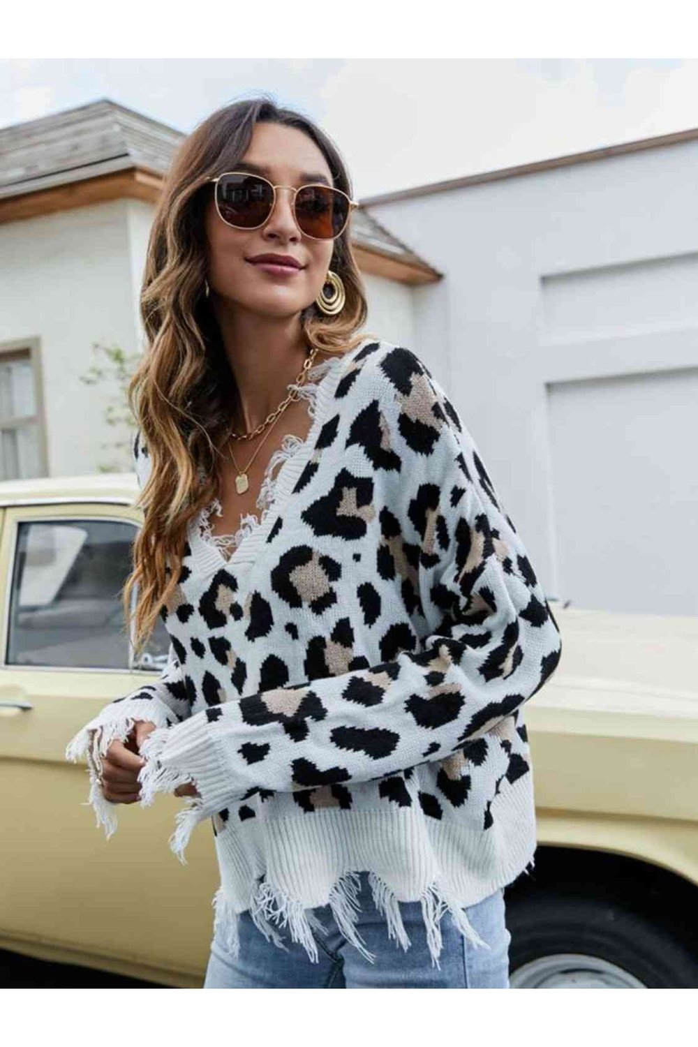 Animal Print Distressed V-Neck Drop Shoulder Sweater