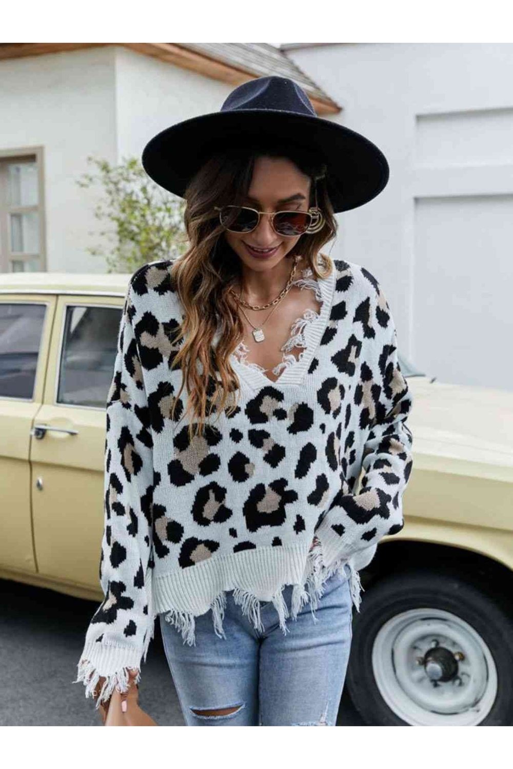 Animal Print Distressed V-Neck Drop Shoulder Sweater