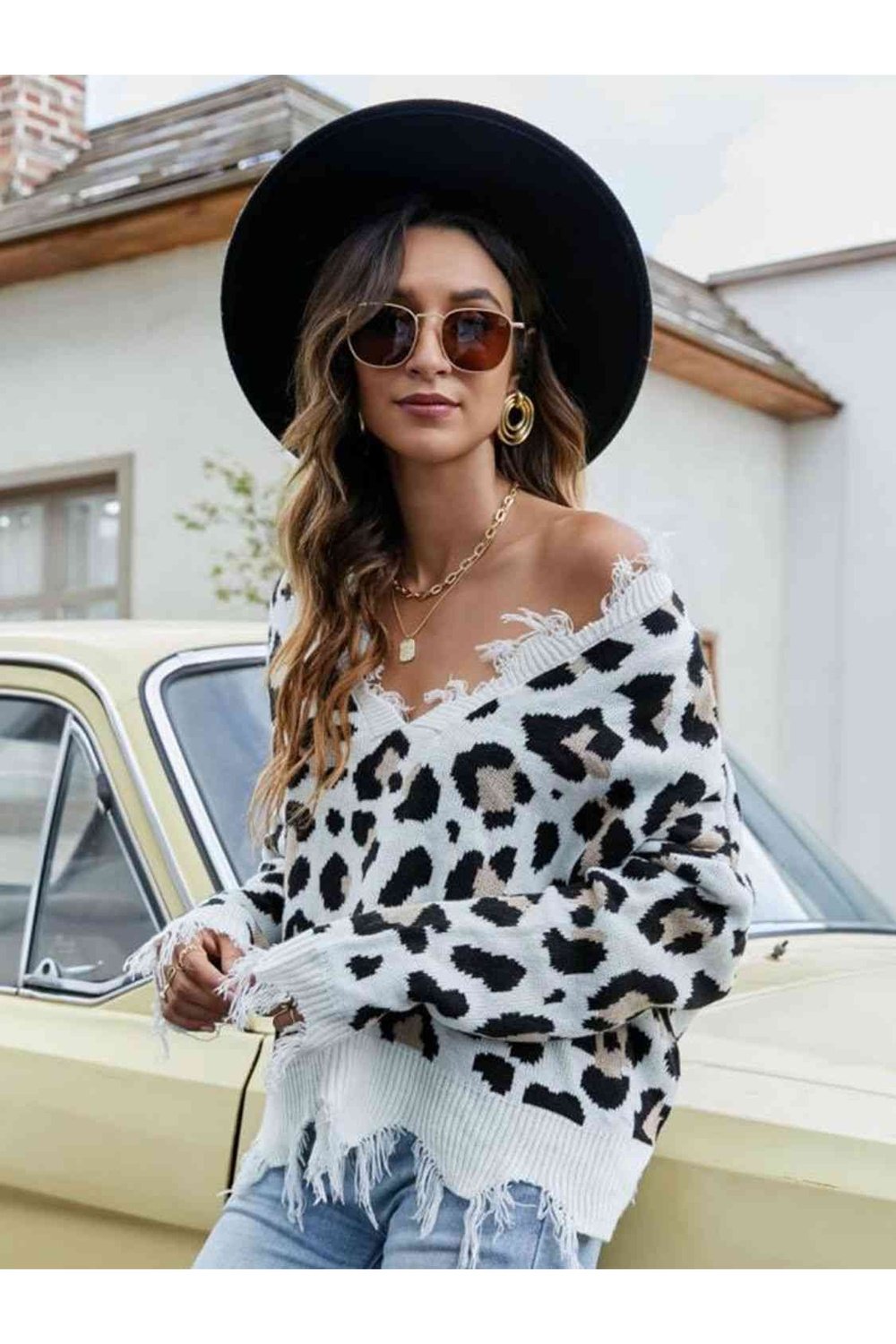 Animal Print Distressed V-Neck Drop Shoulder Sweater