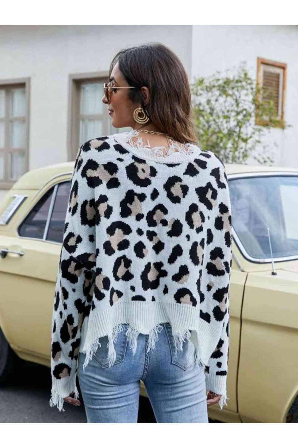 Animal Print Distressed V-Neck Drop Shoulder Sweater