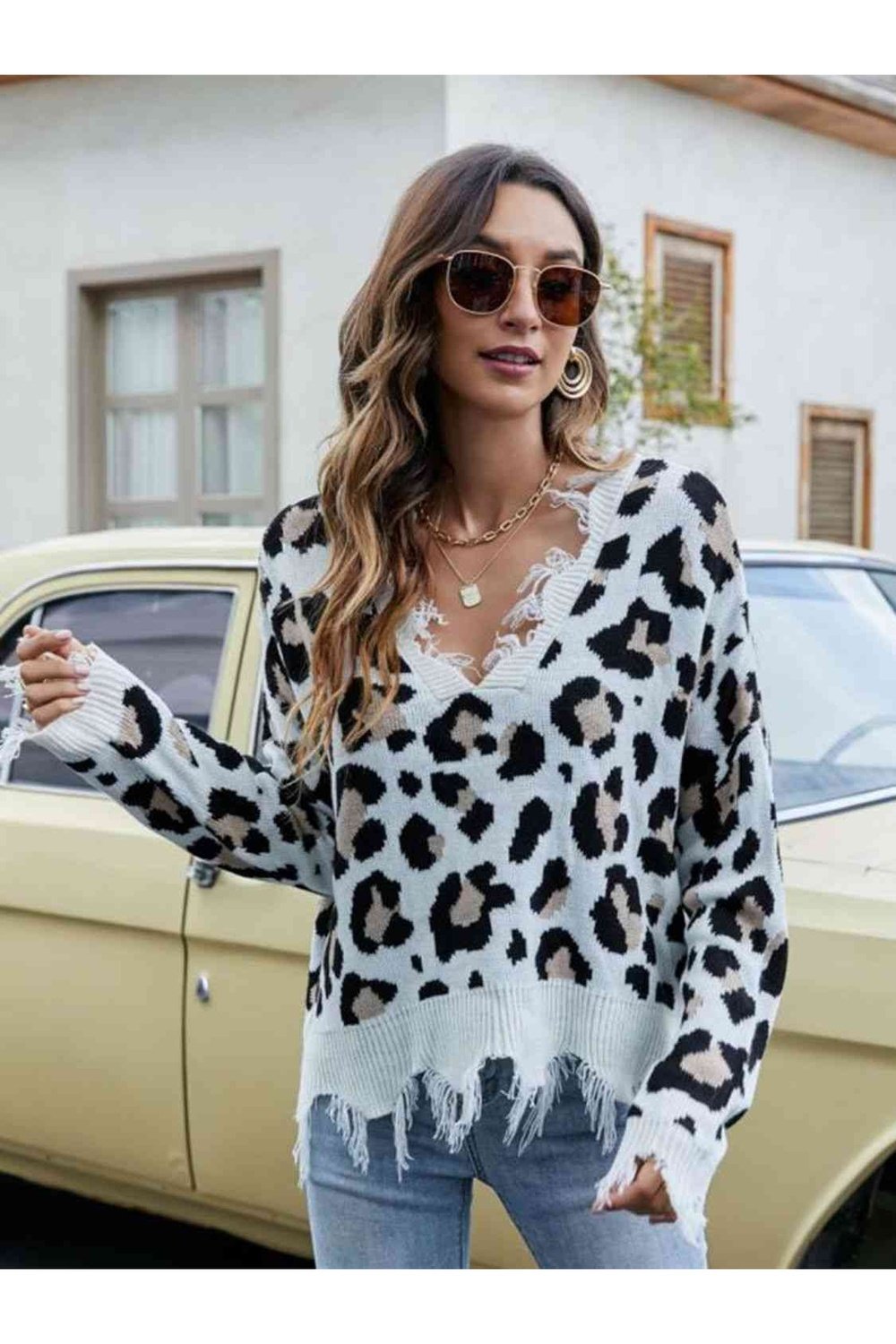 Animal Print Distressed V-Neck Drop Shoulder Sweater