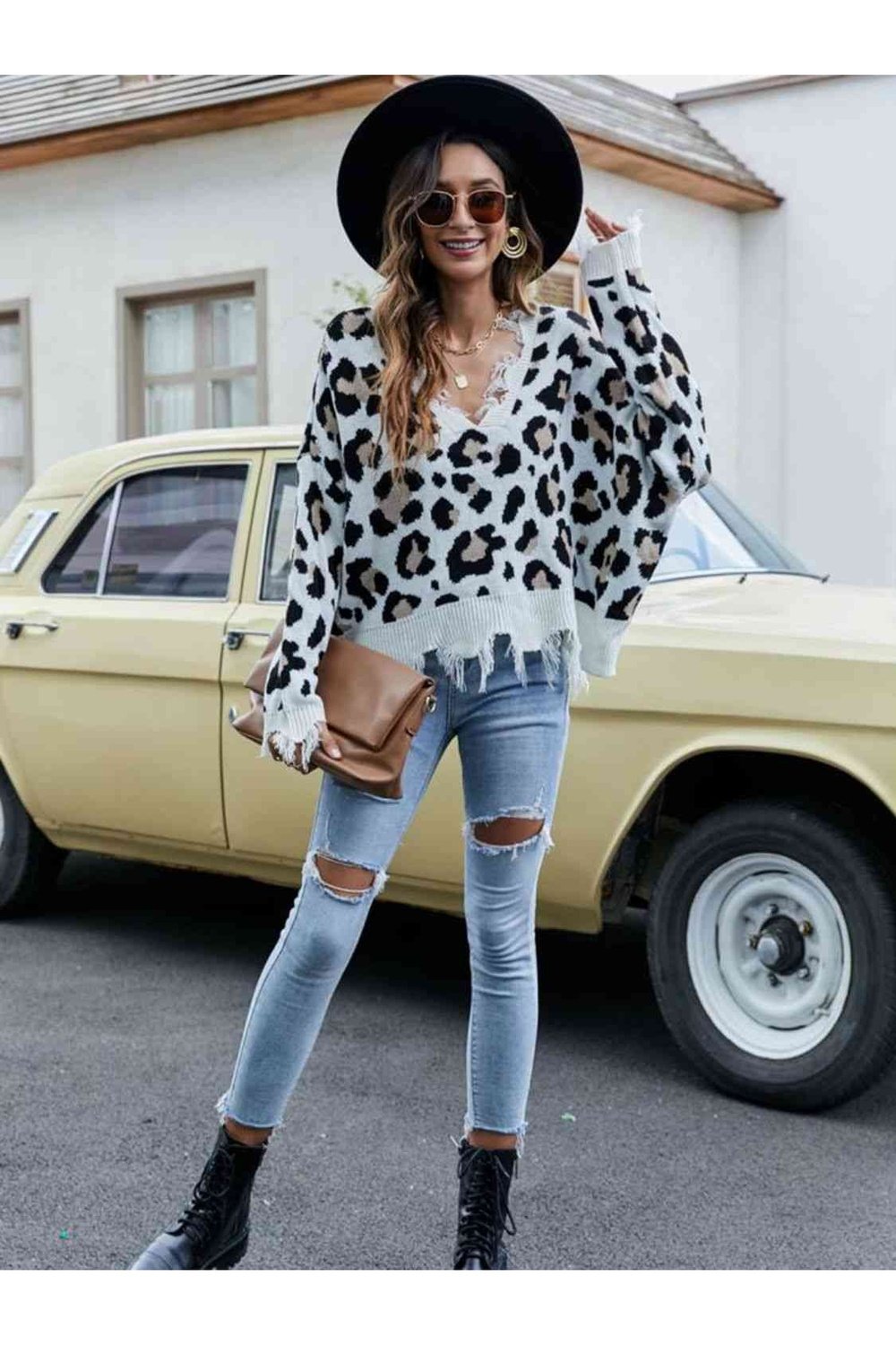 Animal Print Distressed V-Neck Drop Shoulder Sweater