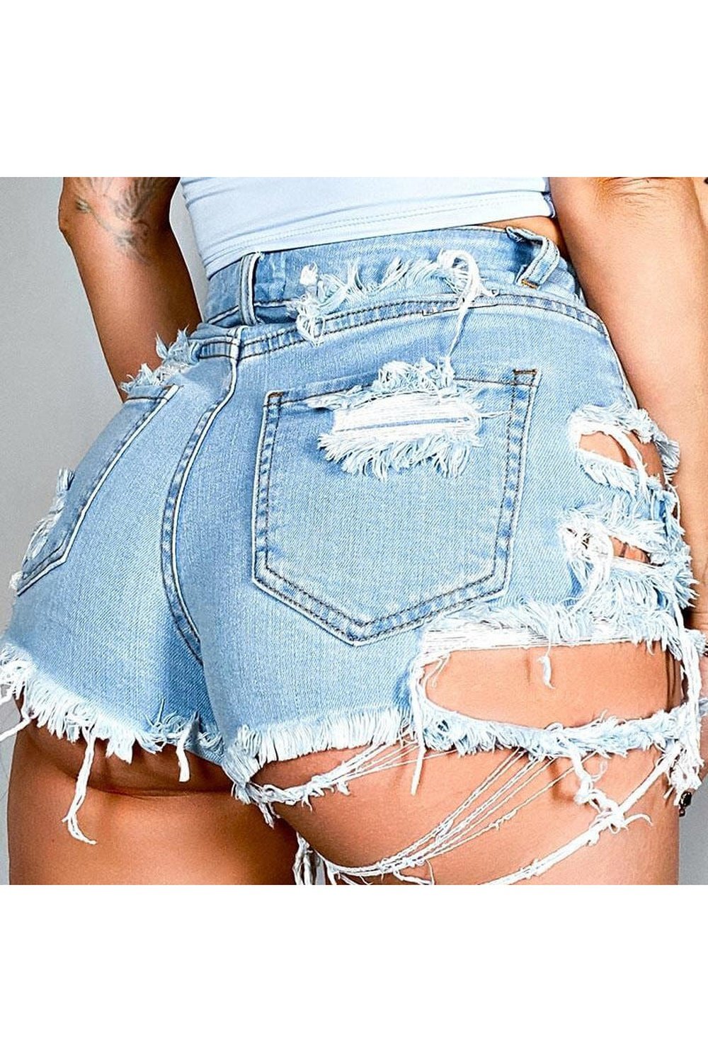 Asymmetrical Distressed Denim Shorts