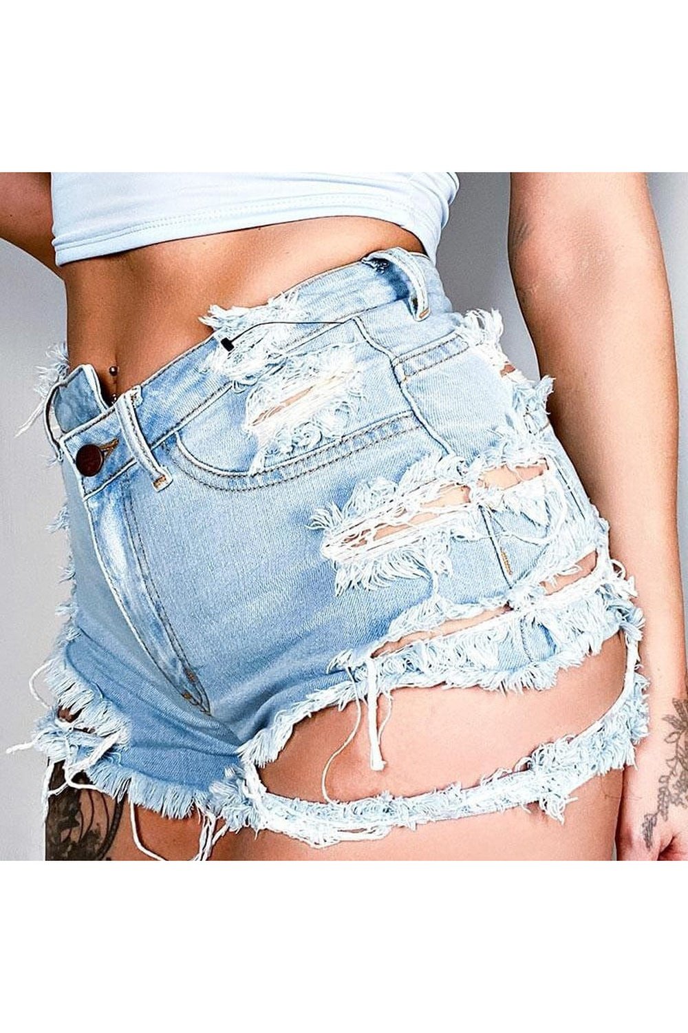 Asymmetrical Distressed Denim Shorts