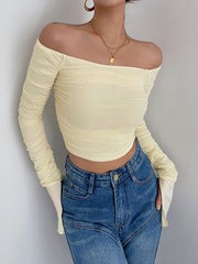 Semi-Sheer Off-Shoulder Mesh Crop Shirt