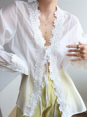 Sheer Floral Trim Cover Up Tied Blouse