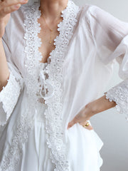 Sheer Floral Trim Cover Up Tied Blouse