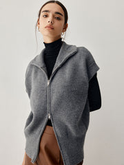 Open Collar Double Zip Curved Cardigan