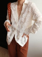 Semi-Sheer Jacquard Floral Collared Shirt