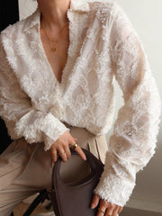 Semi-Sheer Jacquard Floral Collared Shirt