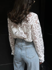 Semi-Sheer Lace Embroidery Floral Mock Neck T-Shirt