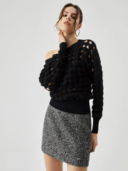 Sheer Crocheted Circle Hollow Off Shoulder T-Shirt