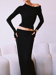 Matte Jersey One Shoulder Off Maxi Skirt Set