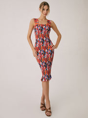 Floral Ruffle Shirred Midi Dress