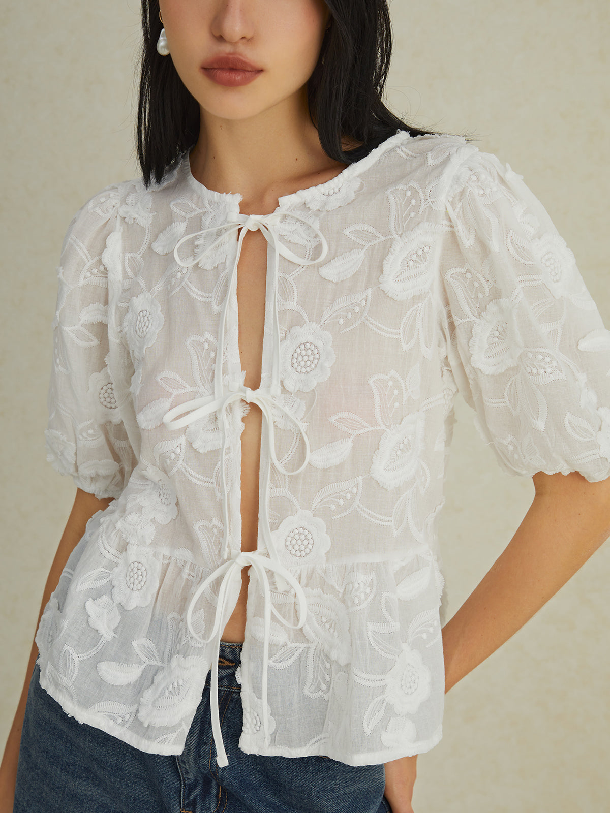 Semi-Sheer Floral Knotted Puff Sleeve Blouse