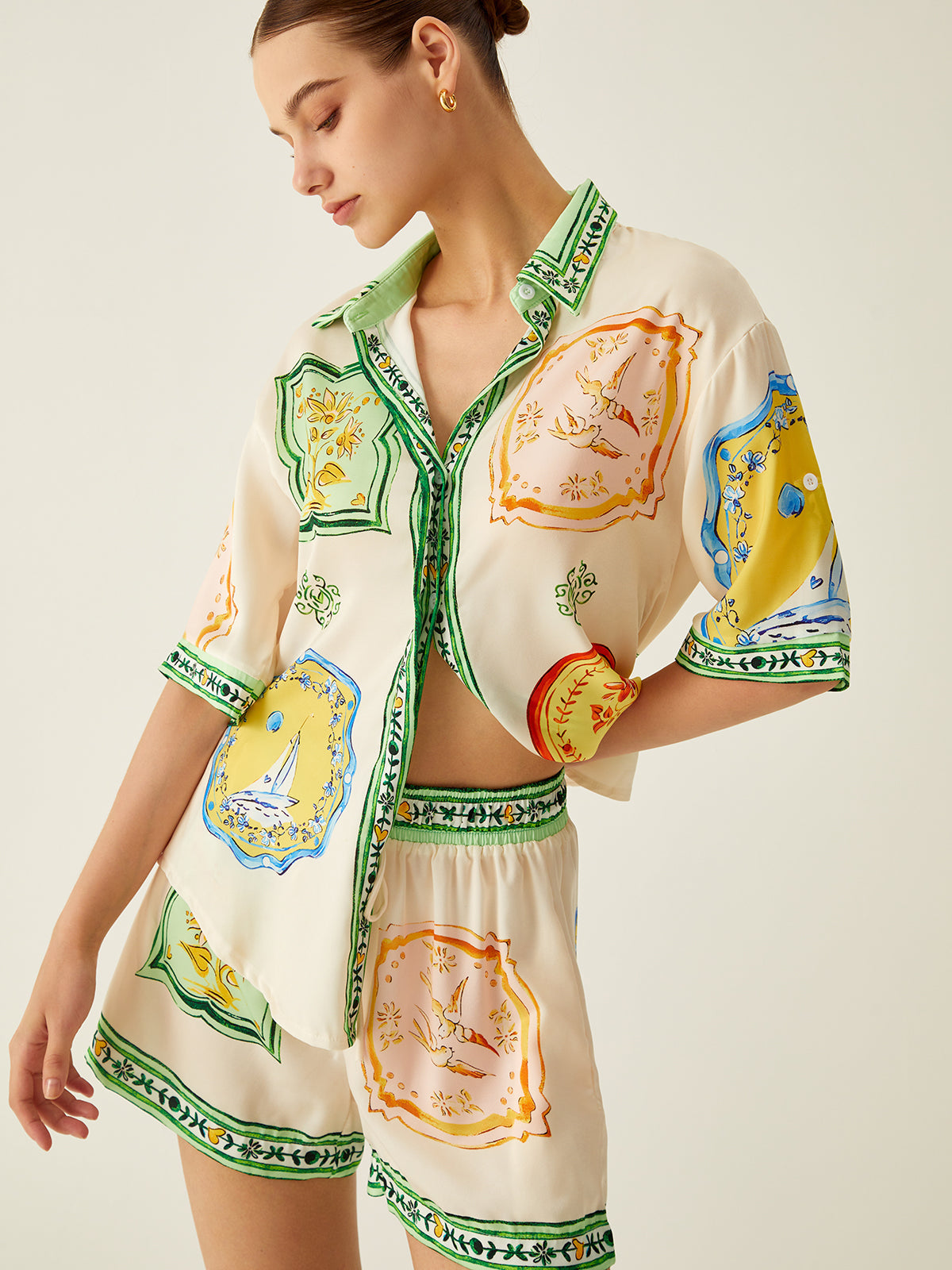 Loosen Printed Satin Shorts Set