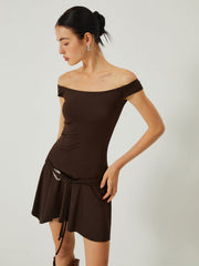 Casual Off-Shoulder Ruched Ruffle Hem Dress