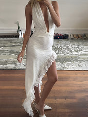 Semi-Sheer Asymmetrical Ruffle Hem Lace Dress