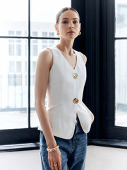 Cotton & Linen Metal Button Solid Vest
