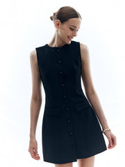 Button Solid Crew Neck Sleeveless Dress