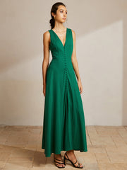 Sleeveless Button Front V-Neck Dress