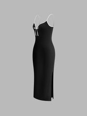 Ribbed Contrast Bow Cami Long Dress