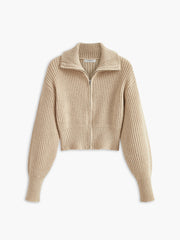 Ribbed Zipper Lapel Cardigan