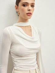 Ruffle Sheer Draped Jersey T-Shirt