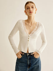 Lace Panel V-Neck Blouse