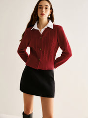 Contrast Collar Cable-Knit Short Cardigan